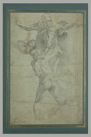 Un cavalier et trois combattants ; esquisse de trois autres figures