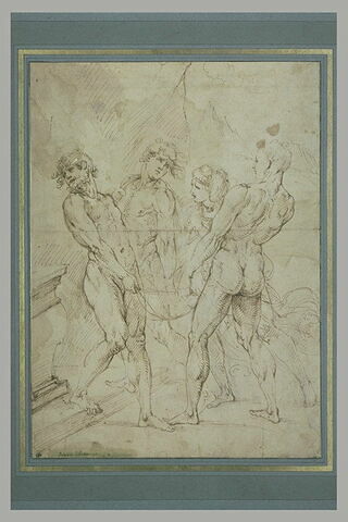 Trois hommes nus et une femme près d'un tombeau