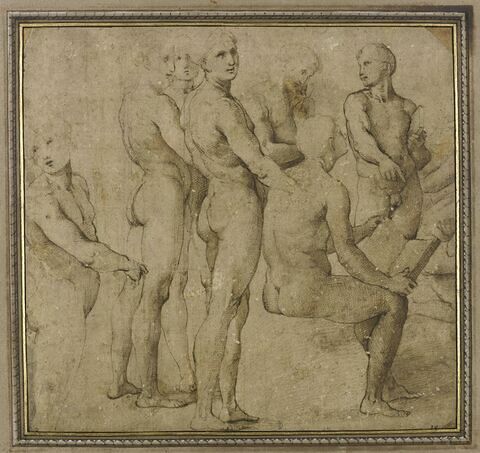 Huit hommes nus, dont un assis, d'après la Dispute du Saint Sacrement