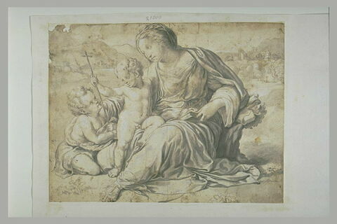 La Vierge assise avec l'Enfant et le petit saint Jean, dans un paysage, image 1/1