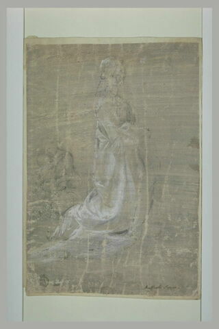 Vierge assise et l'Enfant sur les genoux ; femme agenouillée, de profil