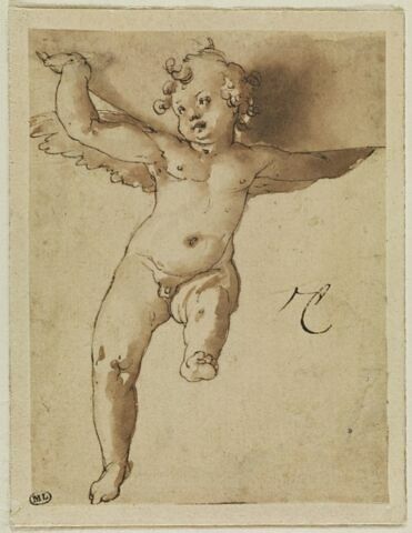 Un ange volant, vu de face et soutenant un globe, image 1/2