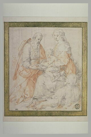 Saint Joseph faisant lire l'Enfant Jésus, sur les genoux de la Vierge assise