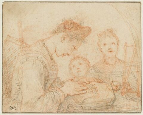 Femme assise et brodant avec deux enfants