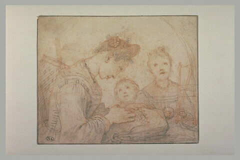 Femme assise et brodant avec deux enfants, image 2/2