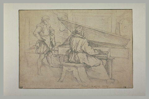 Un homme, debout, écoutant un musicien jouant du clavecin