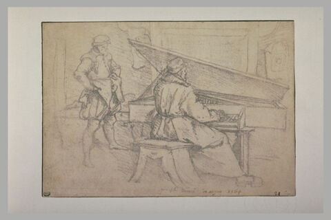 Un homme, debout, écoutant un musicien jouant du clavecin, image 2/2