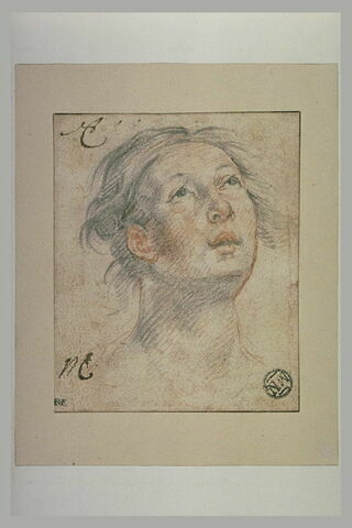 Tête de femme, vue de face, les yeux levés au ciel, image 2/2