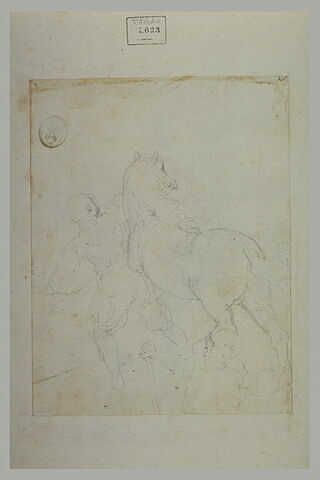 Etude d'un cheval conduit par un palefrenier, vus par derrière, image 2/2