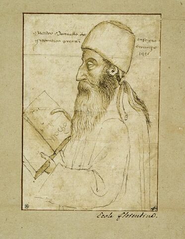 Portrait de Manuel Chrysoloras, coiffé d'un bonnet et tenant un livre, image 2/3