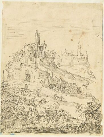 Plusieurs personnages devant une forteresse sumontant une colline, image 1/2
