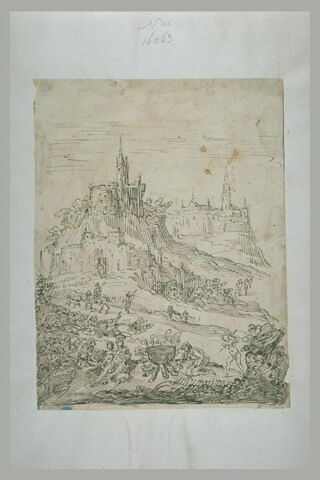 Plusieurs personnages devant une forteresse sumontant une colline, image 2/2
