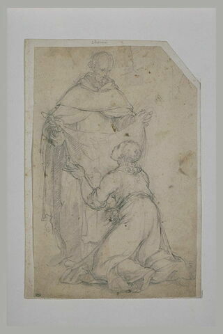 Un franciscain présentant  un voile à une femme agenouillée devant lui