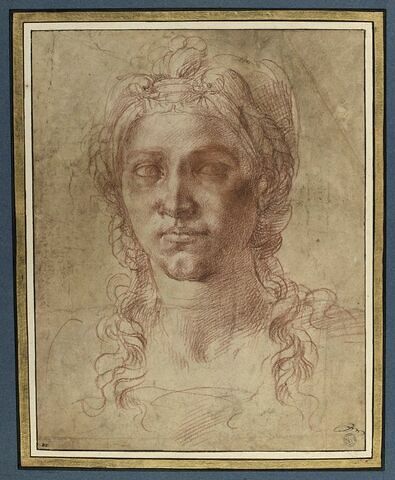 Tête de femme vue de face, les cheveux nattés, image 1/1