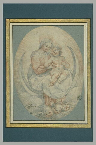 La Vierge à l'Enfant assise sur un croissant, et trois têtes de cherubins