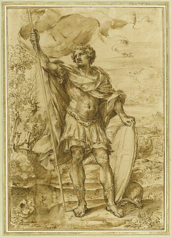 Saint Georges, debout, tenant un étendard et un bouclier timbrés d'une croix