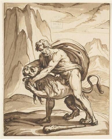 Hercule faisant avaler sa langue à un lion: 'réfréner la colère'
