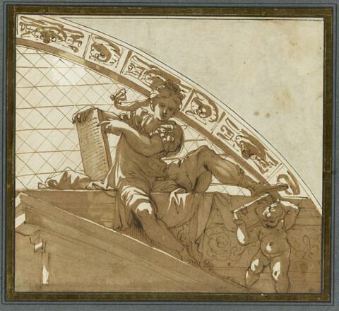 Femme assise, montrant des Tables, et enfant portant un livre, image 1/2