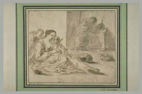 La Vierge et l'Enfant entourés de deux anges et saint Joseph assis, image 1/1