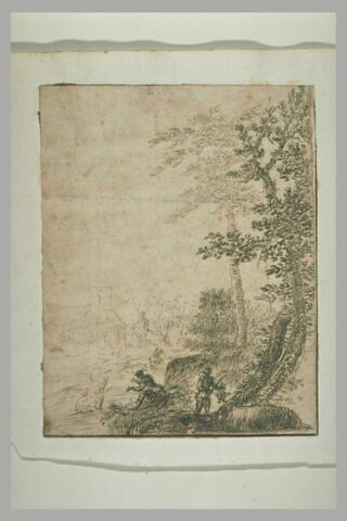 Paysage boisé avec des figures dont un chasseur tenant une pièce de gibier, image 1/1