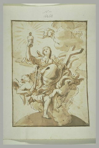 Femme tenant le calice et la Croix portée par des anges