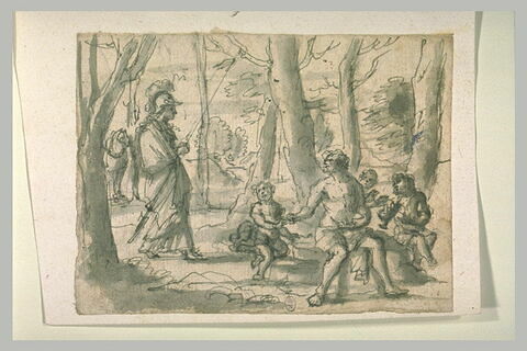 Dans un bois, guerrier s'approchant d'un homme assis, avec trois enfants
