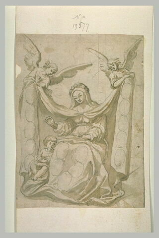 La Vierge cousant, les deux pans de son manteau soutenus pas des anges