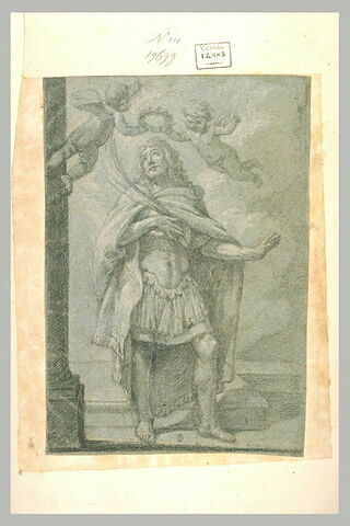 Guerrier romain, tenant la palme du martyr, couronné par deux anges