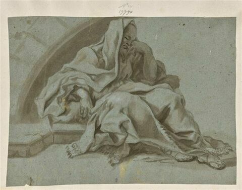 Vieillard enveloppé d'un large manteau, assis sous une arche, endormi