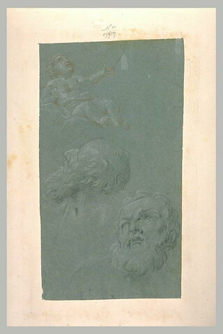 Deux têtes d'homme barbu, regardant vers le haut, et enfant assis, image 1/1