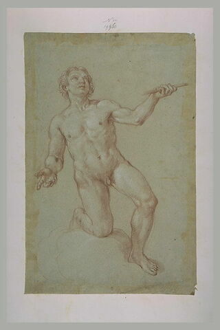 Homme nu à genoux, tendant le bras gauche pour présenter un objet, image 1/1