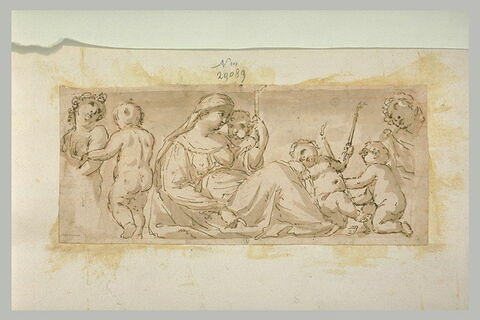 Femme assise tenant un cierge, entourée d'enfants nus, en frise