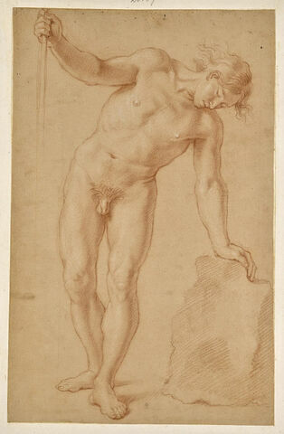 Jeune homme nu, debout, de face, s'appuyant sur un rocher et tenant un bâton, image 1/2