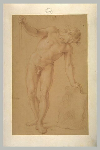 Jeune homme nu, debout, de face, s'appuyant sur un rocher et tenant un bâton, image 2/2