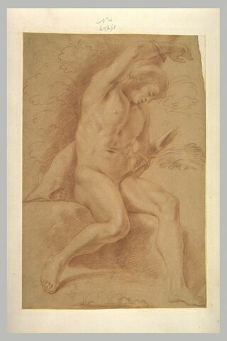 Homme nu, assis, attaché par les bras à un tronc d'arbre, image 1/1