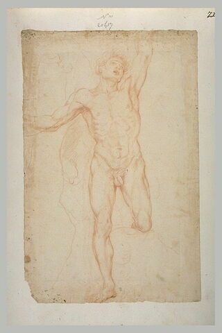 Homme nu, debout, de face, jambe gauche ployée, levant le bras gauche, image 1/1