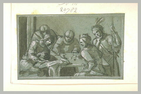 Soldats assemblés autour d'une table, jouant aux dés, image 1/1