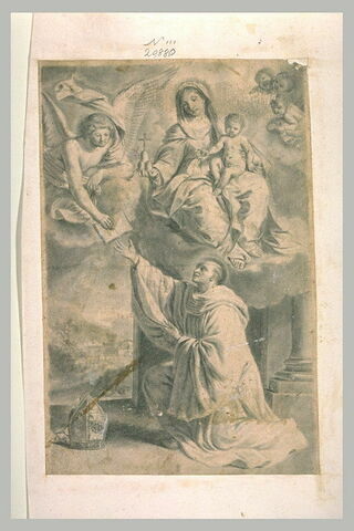 Apparition de la Vierge à l'Enfant à un moine reçevant d'un ange un livre