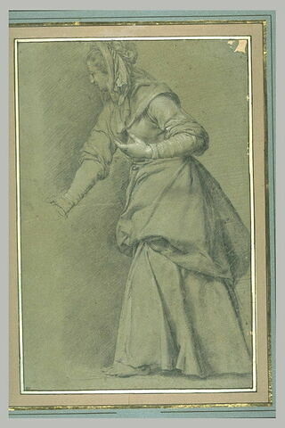 Femme debout, tournée à gauche, tenant la main d'une autre figure