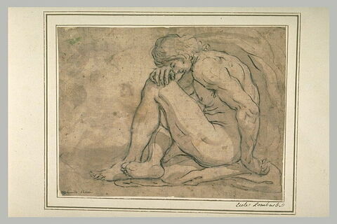 Jeune homme nu, assis à terre, tête appuyée sur le genou