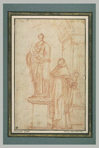 Un saint tenant un encensoir devant une statue de la Vierge à l'Enfant, image 1/1
