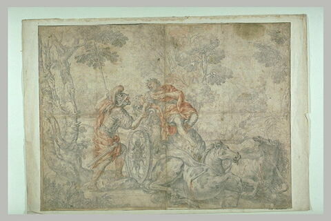 Pyrrhus sur son charriot secouru par un guerrier