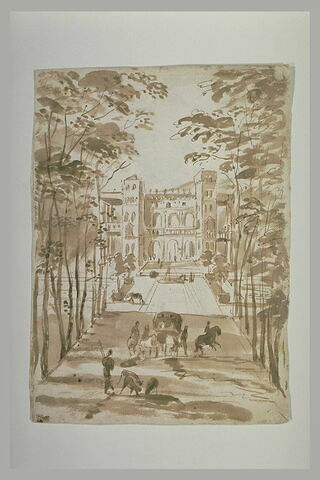 Vue d'un palais avec une allée bordée d'arbres et animée de figures