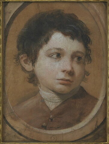 Portrait de jeune homme entouré d'une bordure ovale.