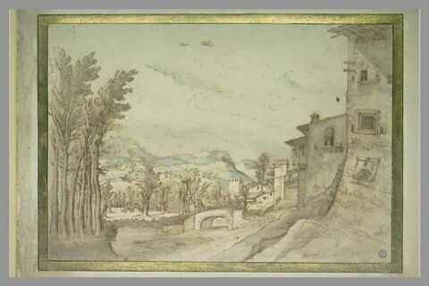 Paysage avec des arbres à gauche, de hautes maisons à droite, et un pont, image 1/1