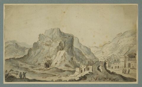 Une colline escarpée avec une grotte, et un village, image 1/1