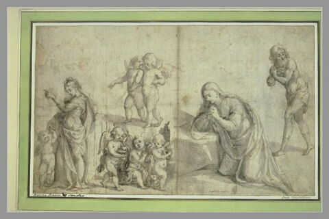 Etudes : femme et enfant, angelots, sainte Madeleine (?) et un homme barbu, image 1/1