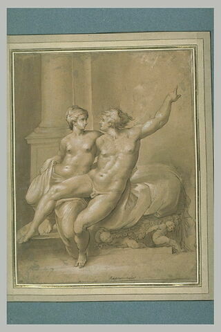 Jeune homme et jeune femme nus, assis sur un lit soutenu par des amours, image 1/1