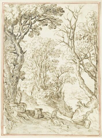 Figures dans une forêt, avec à travers les arbres, une ville au loin, image 1/2