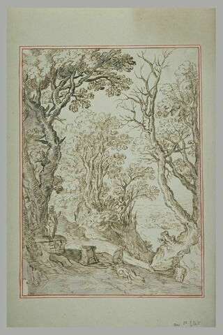 Figures dans une forêt, avec à travers les arbres, une ville au loin, image 2/2